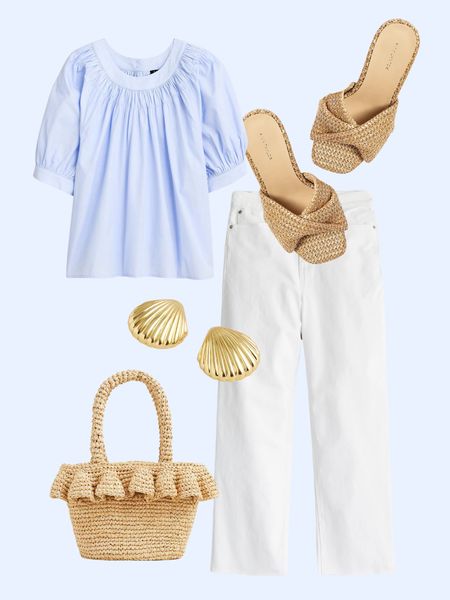 Beautiful outfit featuring a French blue top and white wide leg jeans for spring

#LTKover40 #LTKitbag #LTKshoecrush