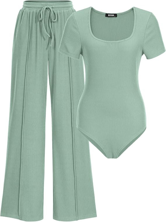 BTFBM Womens Summer 2 Piece Outfits 2026 Square Neck Short Sleeve Drawstring Pants Knit Spring Lo... | Amazon (US)