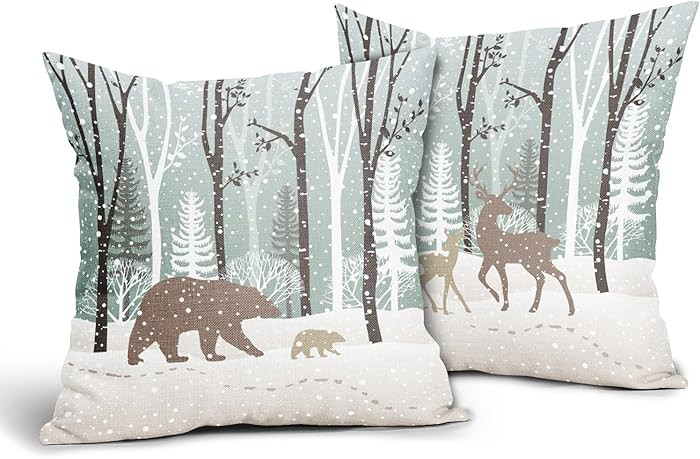 Winter Wildlife Pillow Covers Set of 2 Forest Bear Deer Christmas Pine Trees Snow Decorative Cuch... | Amazon (US)