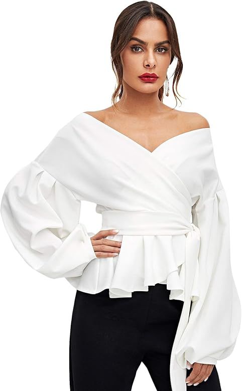 SheIn Women's Long Sleeve V Neck Ruffle Blouse Off Shoulder Tie Waist Wrap Tops | Amazon (US)