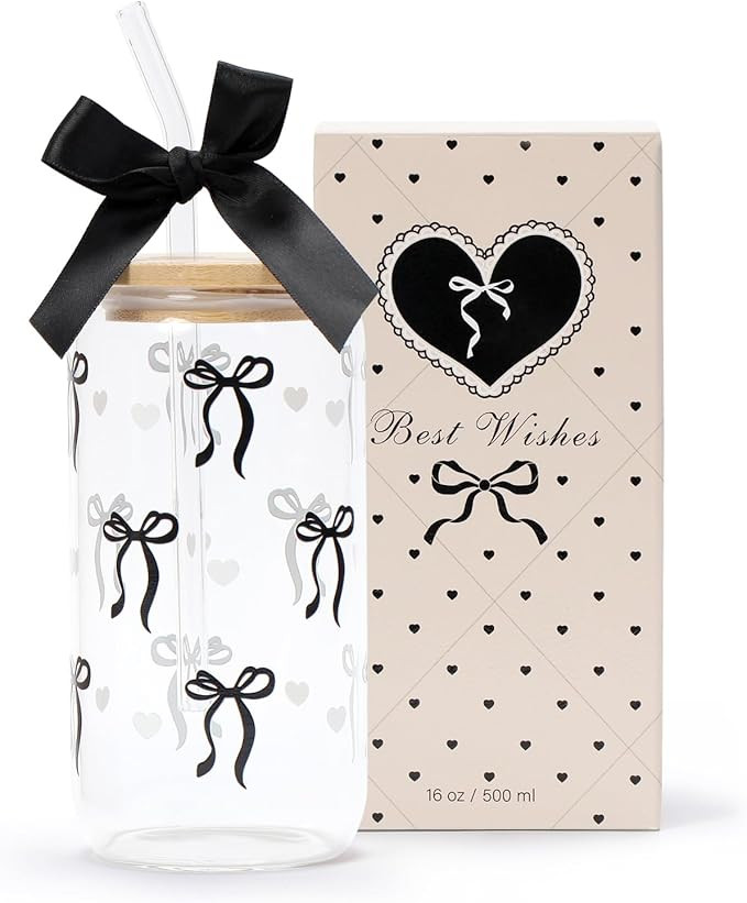 Coquette Black Bow Aesthetic Cup With Gift Box 16oz Glass Cup with Lids Straws and Black Bow Iced... | Amazon (US)