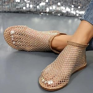 Ultra Comfortable Mesh Flats for Women Fishnet Sandals Low Heel Slip on Rhinestone Shoes | Amazon (US)