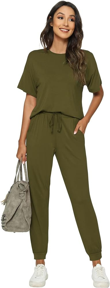 WiWi Womens Bamboo Two Piece Outfits Short Sleeve Pullover Workout Tracksuit Long Pants Jogger Se... | Amazon (US)