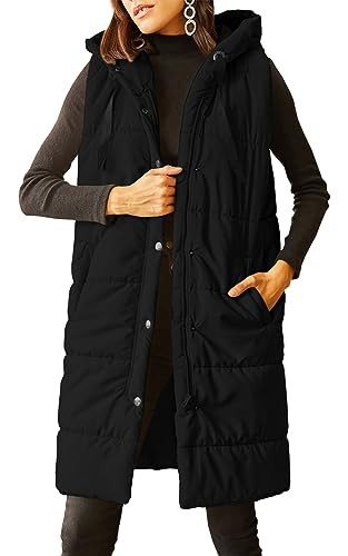 Grlasen Women's Long Quilted Puffer Vest Sleeveless Hooded Button Down Padded Coats Jacket Outerwear with Pockets | Amazon (US)