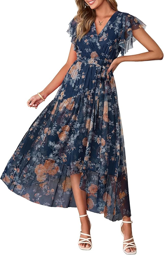 Simplee Womens Summer Floral Maxi Dress 2026 Short Sleeve V Neck Belted Mesh Hem Split Flowy Beac... | Amazon (US)
