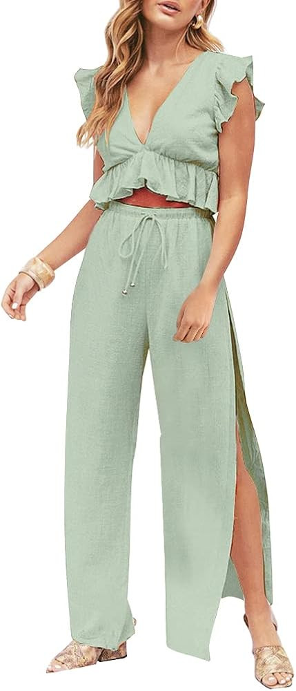 FANCYINN Womens 2 Pieces Outfits Deep V Neck Crop Top Side Slit Drawstring Wide Leg Pants Set Jum... | Amazon (US)