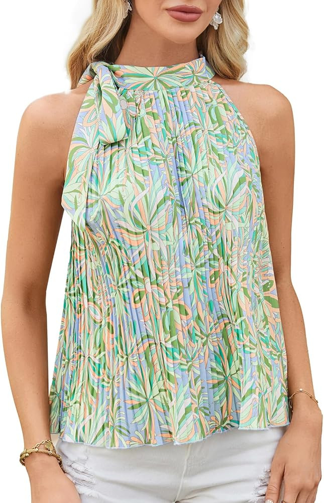 GRACE KARIN 2024 Summer Halter Tops Flower Print Tie Sleeveless Pleats Blouse Shirts Mock Neck Lo... | Amazon (US)