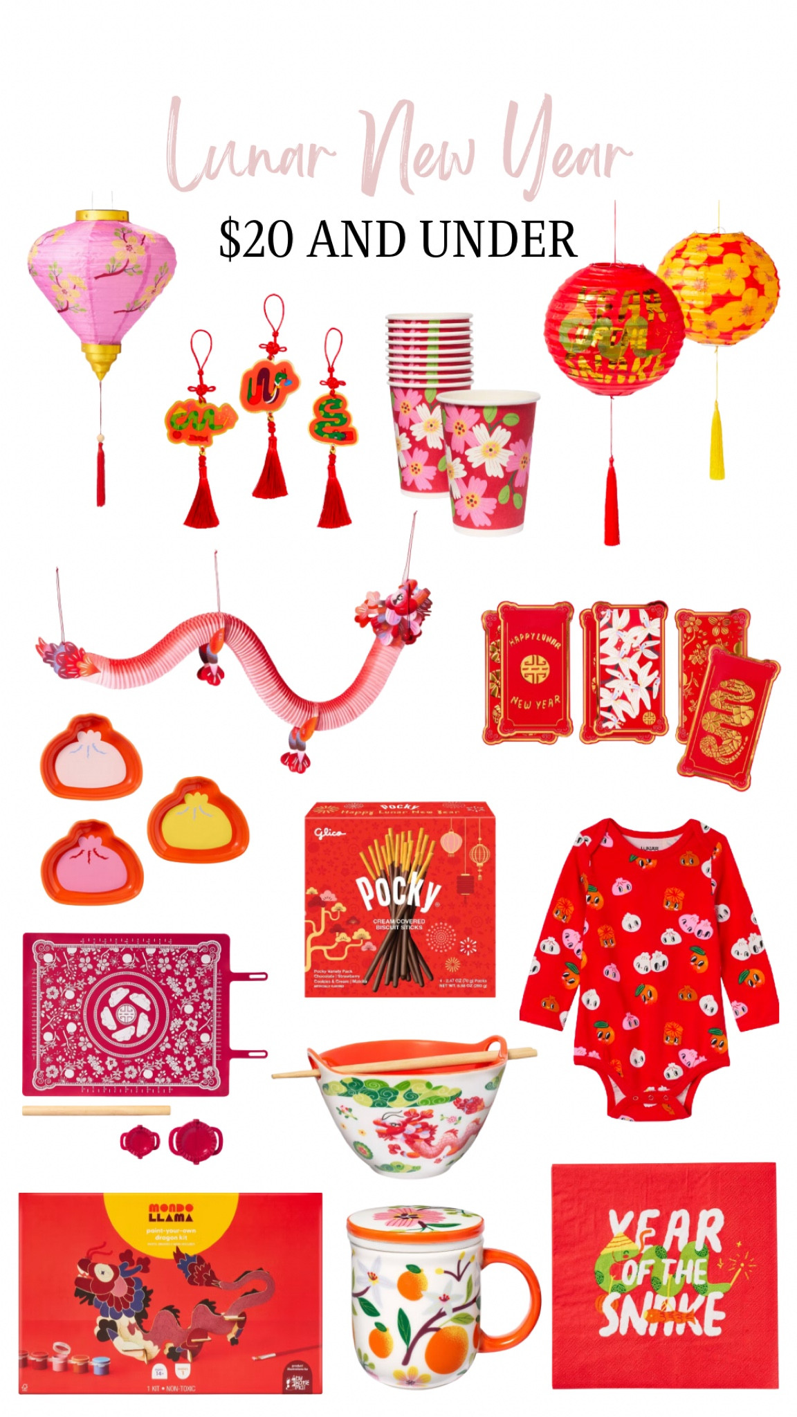 Lunar New Year $20 and under!

Year of the snake disposable napkins and paper cups, hanging decorations, dragon garland, ceramic dumpling sipping saucer set, paint your own dragon kit, dumpling making kit, fabric and paper lanterns, red baby bodysuit, pocky, red envelopes, ceramic tea infuser mug with lid, noodle bowl and chopstick set

#LTKSeasonal #LTKHome #LTKFindsUnder50