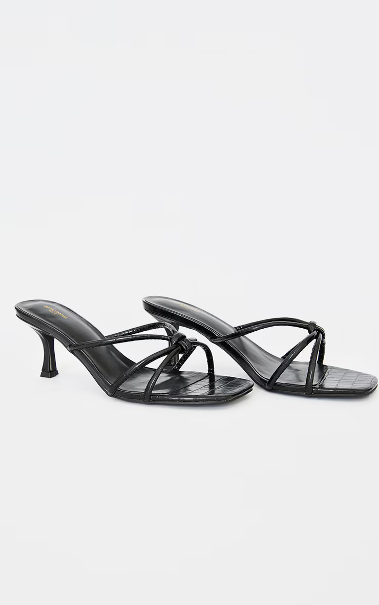 Black Wide Fit Croc PU Square Toe Knotted Heeled Mules | PrettyLittleThing UK
