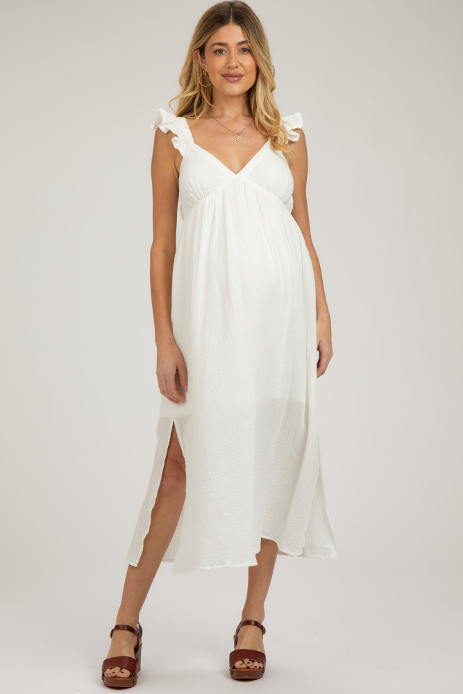 White Ruffle Strap Maternity Midi Dress | PinkBlush Maternity