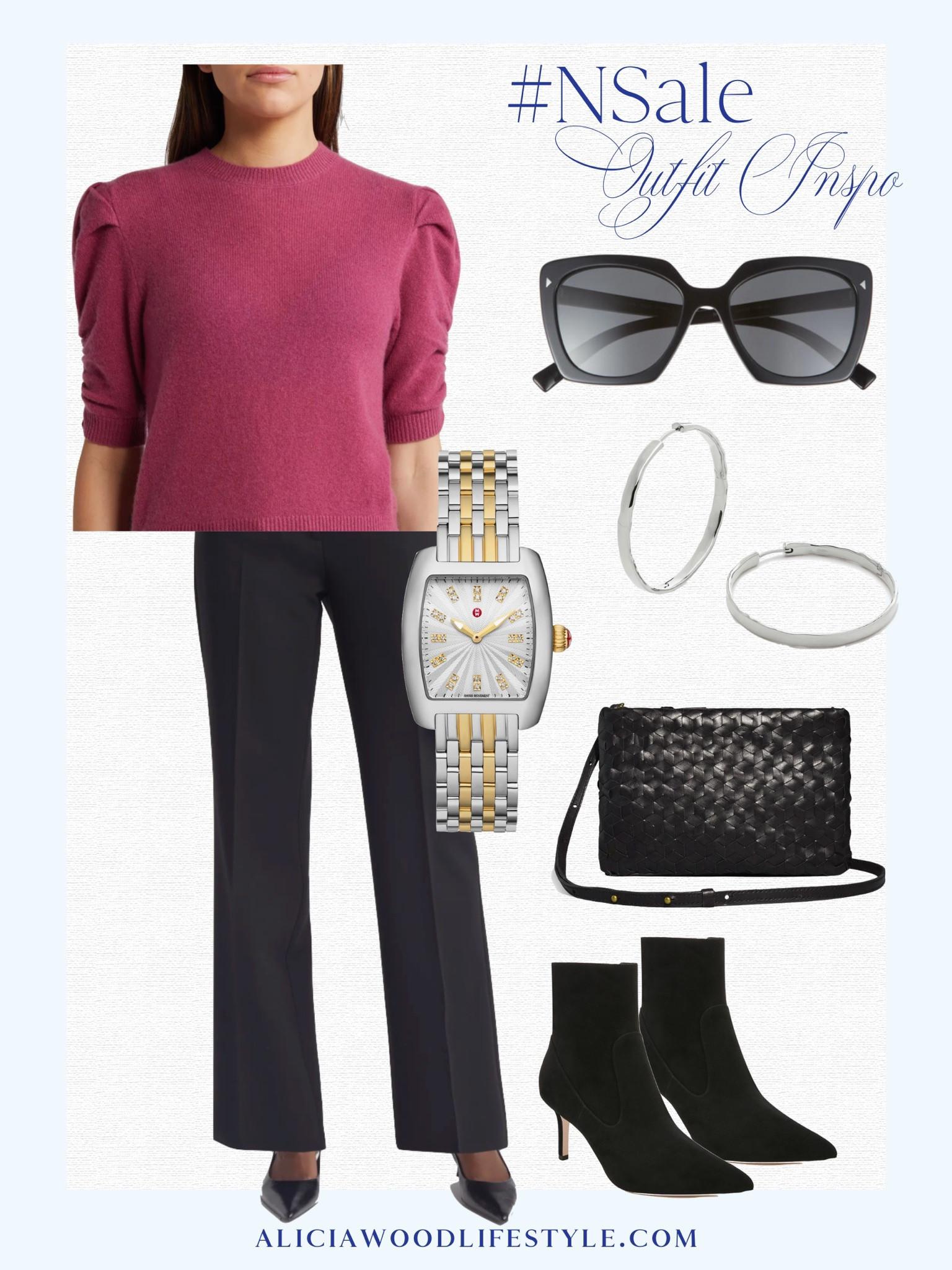 Nordstrom Sale Style Inspoired
Black pants
Fuschia short sleeve sweater 
Black suede booties
Black woven crossbody
Silver hoop earrings
Two time watch 
Black sunglasses 

#LTKSummerSales 

#LTKOver40 #LTKxNSale #LTKStyleTip