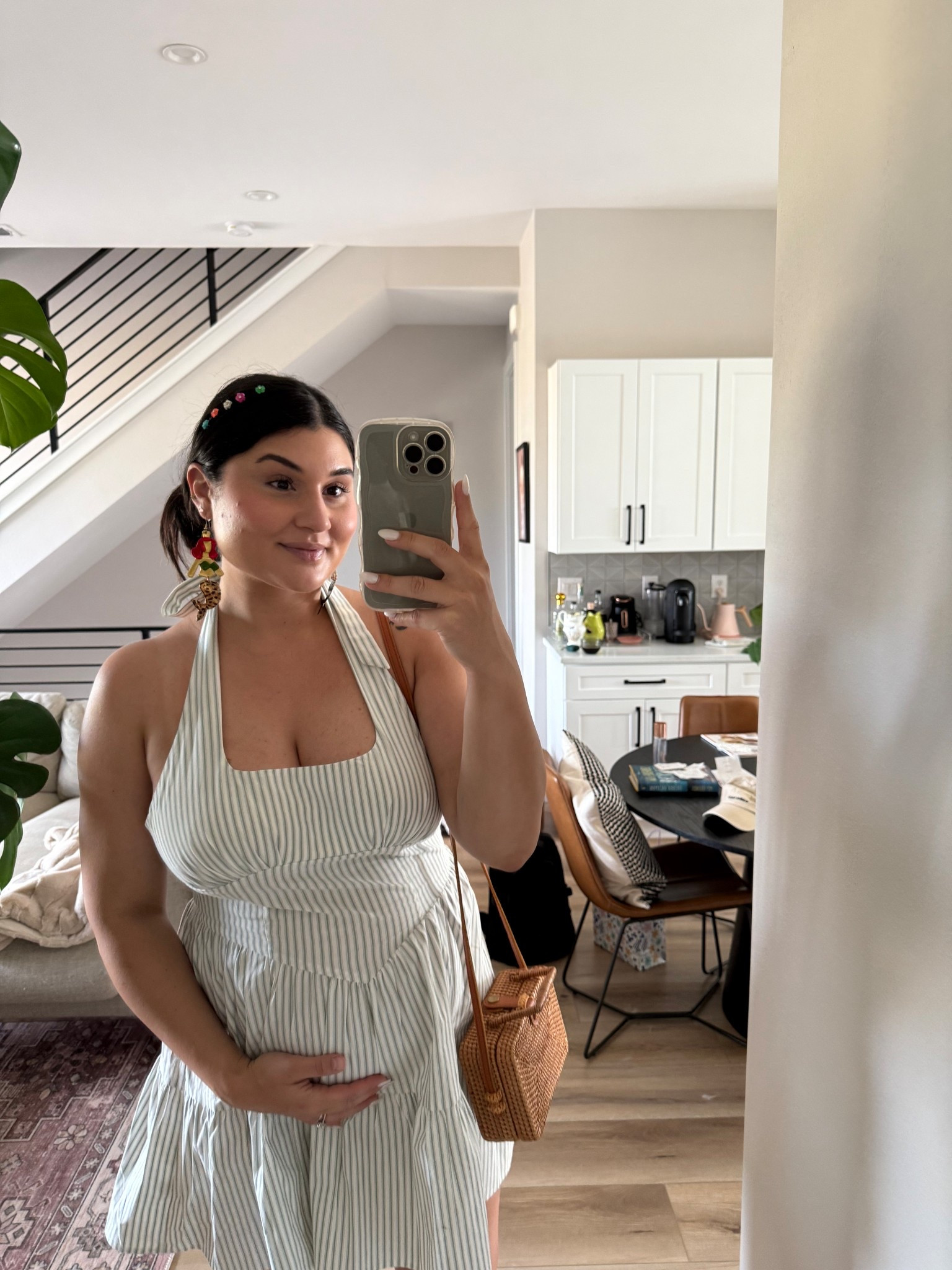 Cotton stripped mini dress under $30
Sized up for the bump 