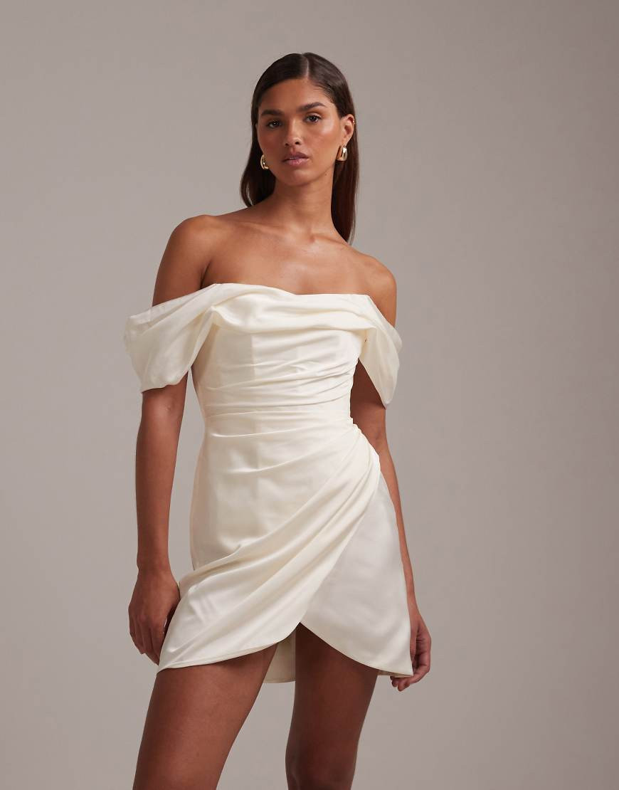 ASOS DESIGN satin off shoulder mini dress in ivory-White | ASOS (Global)