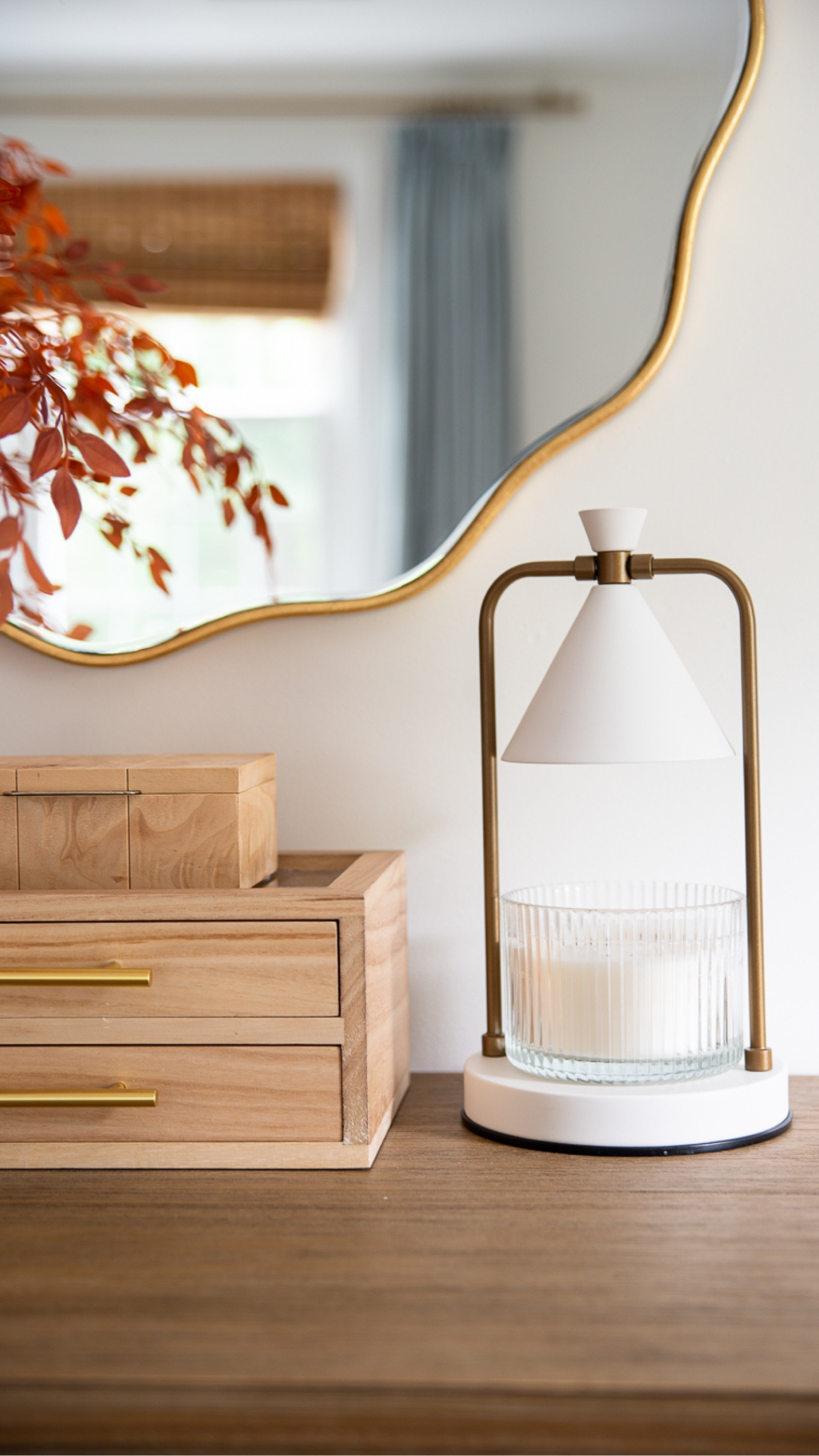 Fall candle warmer, decorative boxes, gold scalloped mirror, home decor. 

#LTKfamily #LTKSeasonal #LTKhome