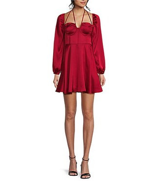 Le V Mod Brocade V-Neckline Bell Sleeve Mini Dress | Dillard's