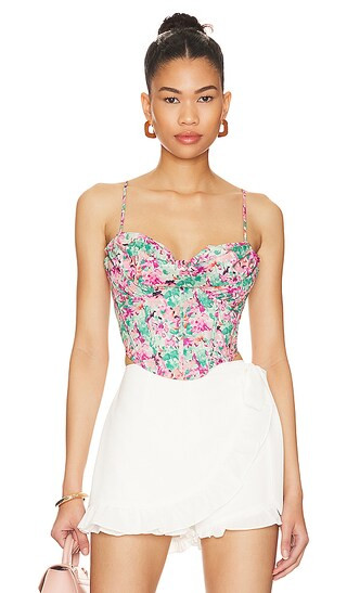 Melinda Drape Bustier Top in Green Floral | Revolve Clothing (Global)