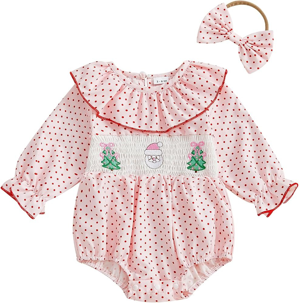 My First Christmas Baby Girl Outfit Newborn Santa Smocked Bubble Romper Cute Ruffle Bodysuit One ... | Amazon (US)