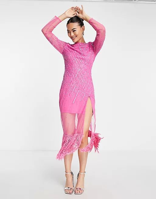 Starlet sequin midaxi dress in hot pink with faux feather trim | ASOS | ASOS (Global)