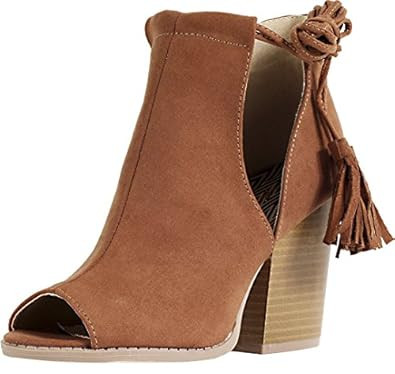 Qupid Women's Barnes-35A Boho Lace Up Fringe Open Peep Toe Bootie | Amazon (US)
