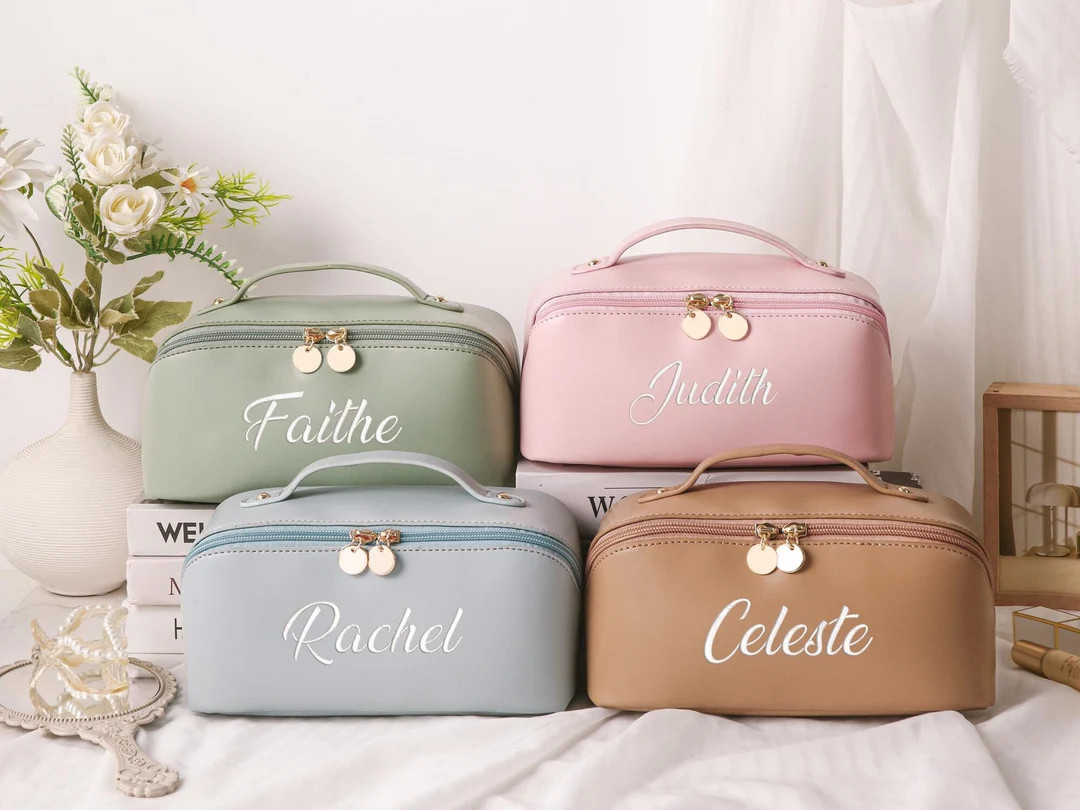 Personalized Leather Embroidered Makeup Bag, Large Capacity Cosmetic Bag, Bridesmaid Gifts, Makeu... | Etsy (US)