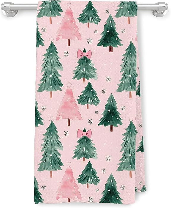 Pink and Green Christmas Tree Kitchen Towels, Coquette Christmas Dish Tea Towels, Preppy Pink Bow... | Amazon (US)