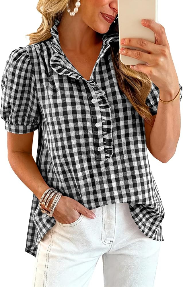 Women's Short Puff Sleeve Button Down Shirts Striped Plaid Ruffle Stand Collar Shirt Summer Tops ... | Amazon (US)