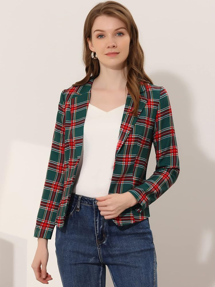 Allegra K Women's Christmas Long Sleeve Notch Lapel Open-Front Allover Printed Casual Blazer Jacket | Amazon (US)