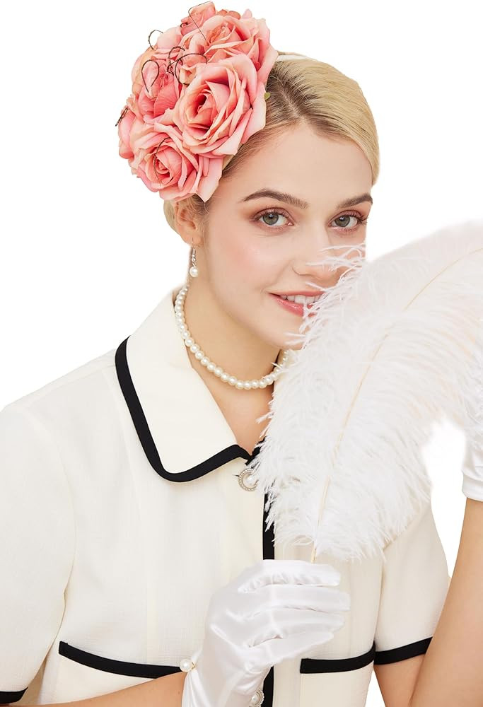 Gionforsy Kentucky Derby Hats for Women Floral Rose Fascinator Hat with Pearl Necklaces Gloves fo... | Amazon (US)