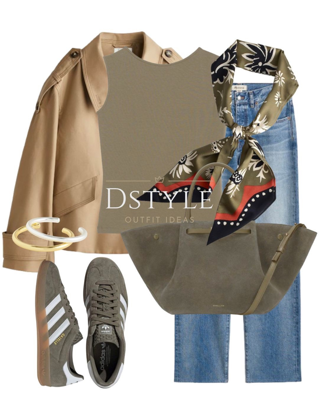 Beige short trench coat, straight jeans, dark cypress silk twill tie scarf, olive suede and smooth leather bag, olive Adidas Gazelle Indoor sneakers 

 

#LTKWorkwear #LTKShoeCrush #LTKItBag