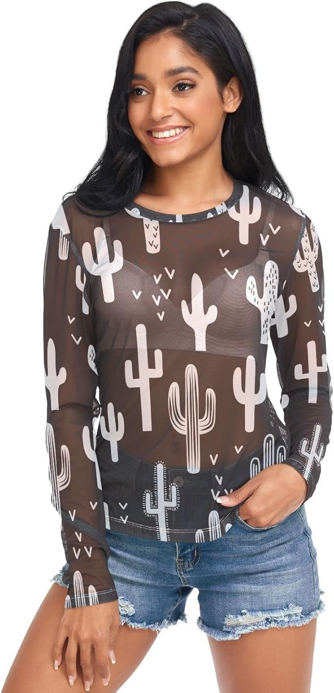 Women Sexy See Through Mesh Shirt Long Sleeve Sheer Tee Top Elastic Bodycon Party Blouse Cover Up... | Amazon (US)