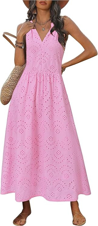 Newshows Women's 2025 Summer Maxi Dresses Halter V Neck Eyelet Hollow Out Long Flowy Beach Vacati... | Amazon (US)