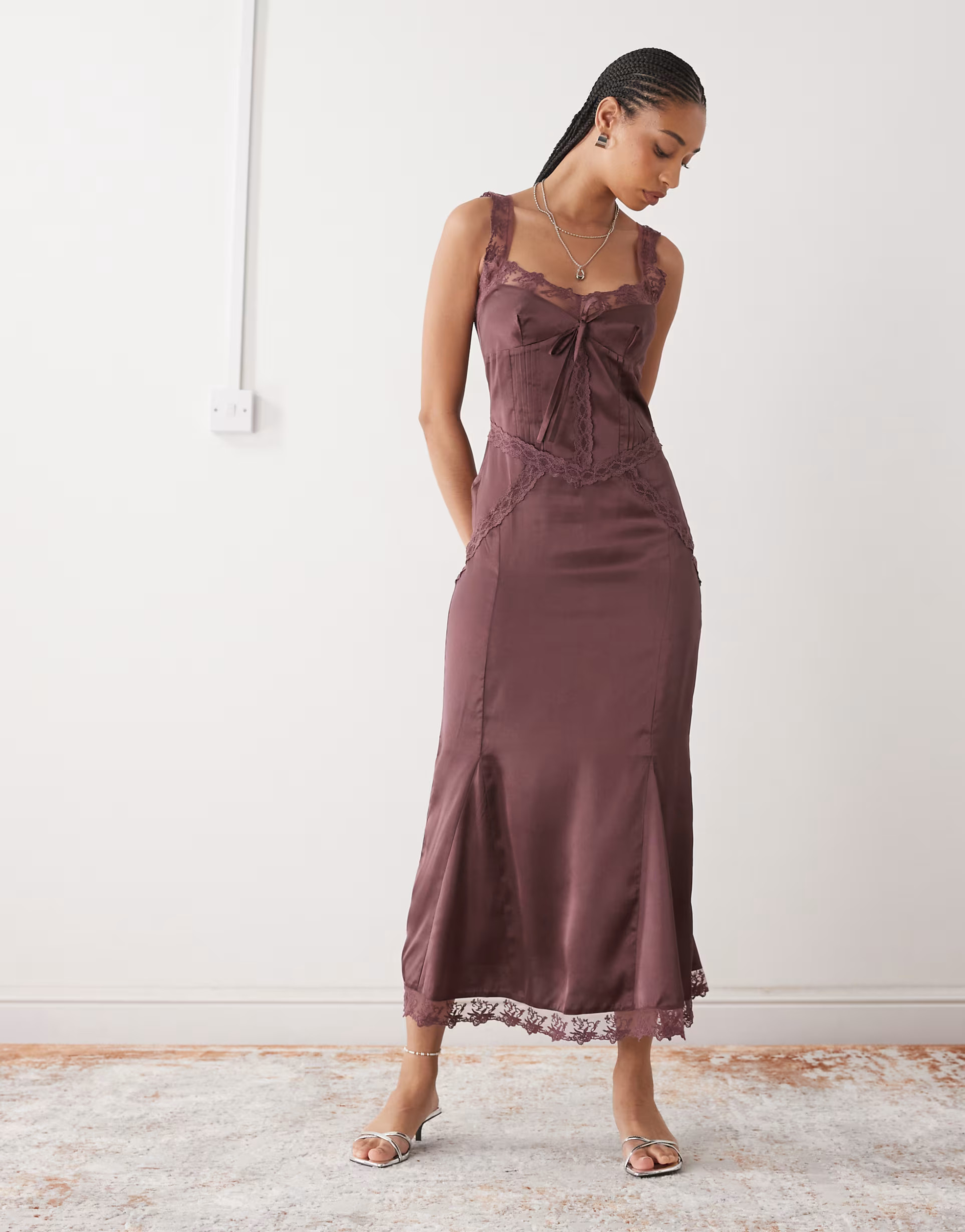 Reclaimed Vintage midi dress with lace cutouts in plum | ASOS (Global)