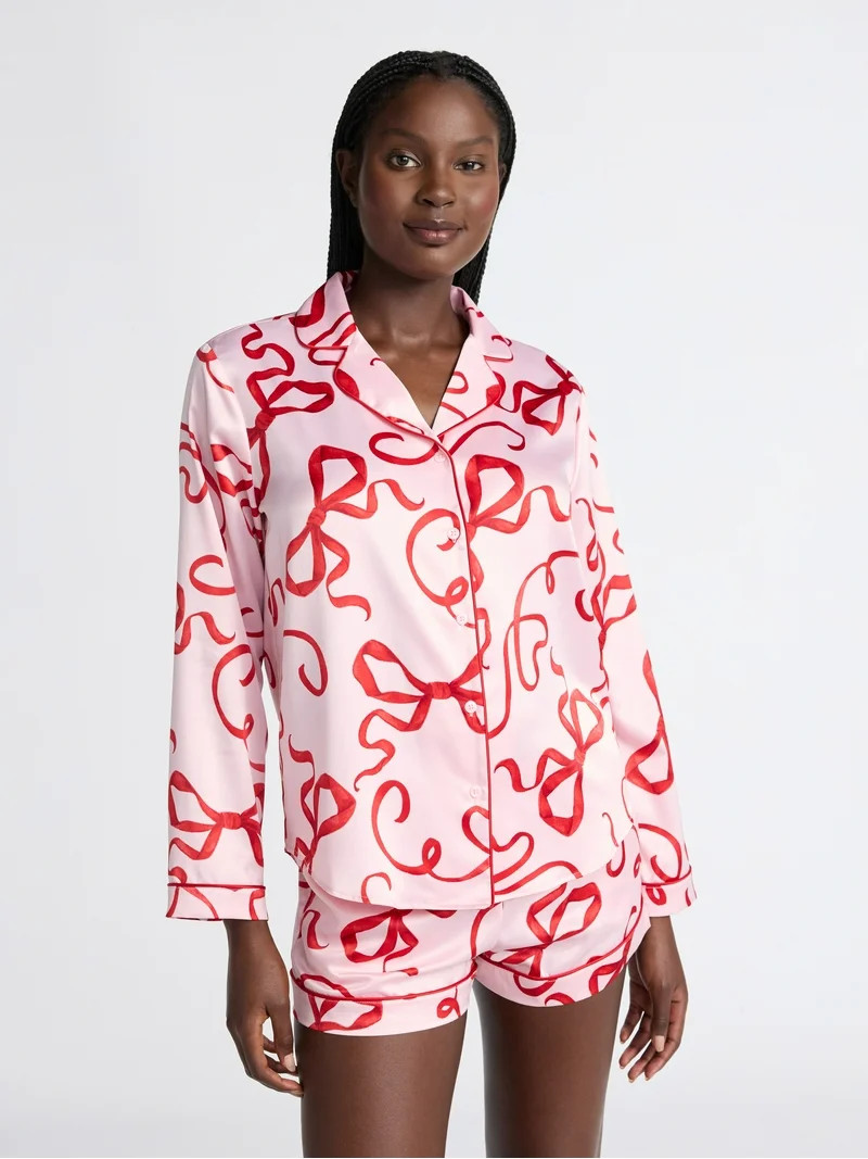 Joyspun Women’s Stretch Satin Notch Long Sleeve Top and Shorts Pajama Set, 2-Piece, Sizes XS-3X | Walmart (US)