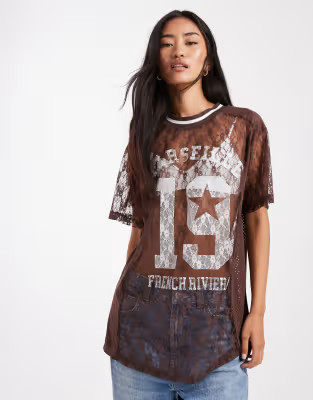 Miss Selfridge lace football top in chocolate | ASOS (Global)