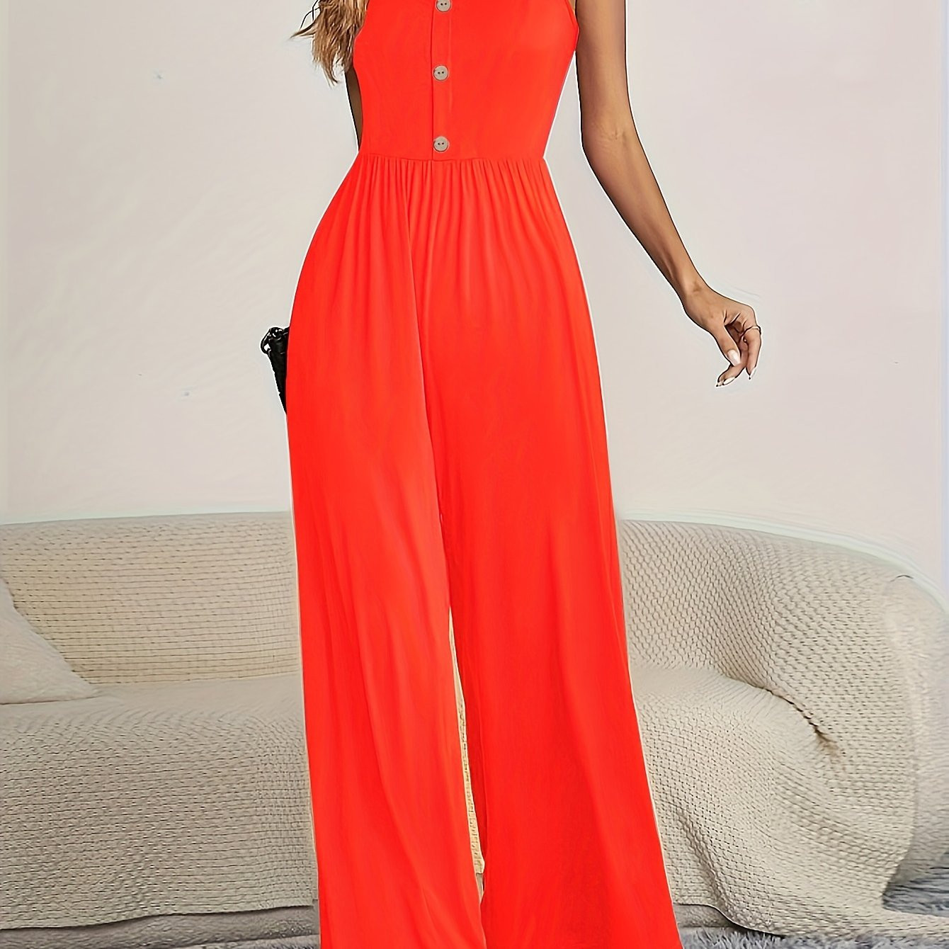 button decor v neck cami jumpsuit casual solid color - Temu | Temu Affiliate Program