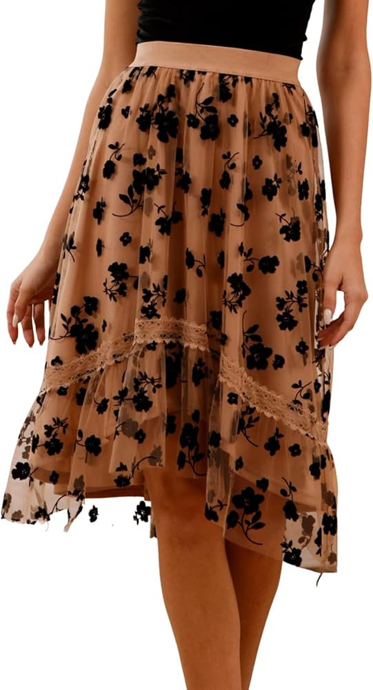 Amazon.com: Kate Kasin Women Lace Trim Mesh Tulle Skirt Elastic High Waist Print A-Line Embroider... | Amazon (US)