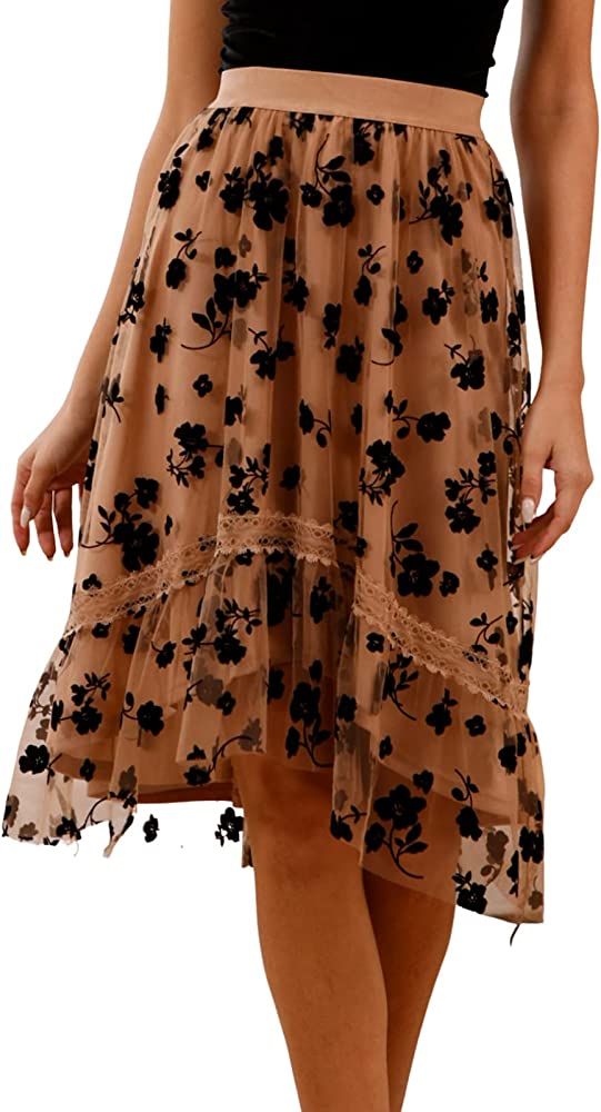 Kate Kasin Women Mesh Elastic High Waist Tulle Skirt A Line Floral Embroidery Midi Skirt Lace Tri... | Amazon (US)