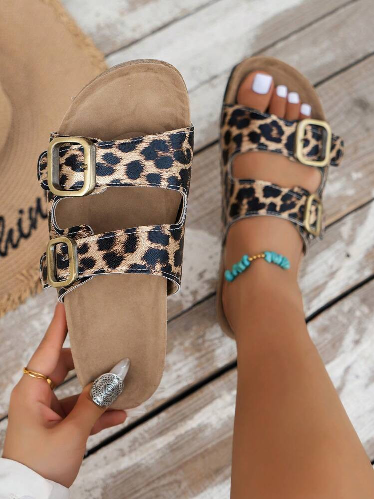 WRCVS Black Leopard Print Flat Sandals For Women, With Buckle Decoration, Random Floral Pattern, Soft Cork Sole, Non-Slip Beach Shoes, Bohemian Holiday Slides | SHEIN