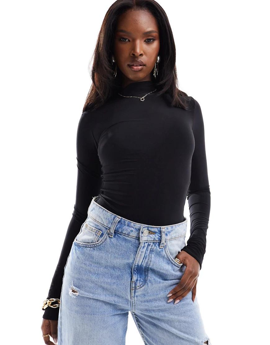 ASOS DESIGN double layer slinky high neck long sleeve bodysuit in black | ASOS (Global)