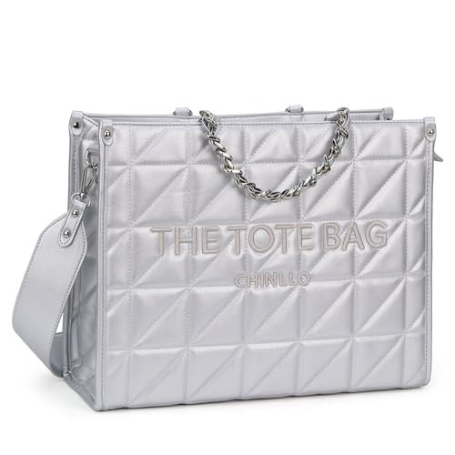 Chinllo Tote Bag for Women Quilted Chains Satchel Purse and Handbags with Shoulder Strap (E.Silver-S) | Amazon (US)