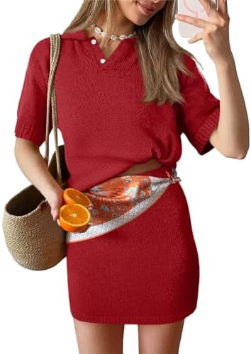 Tankaneo Womens Skirt 2 Piece Sweater Sets Short Sleeve V Neck Knit Polo Shirts Mini Skirts Summe... | Amazon (US)