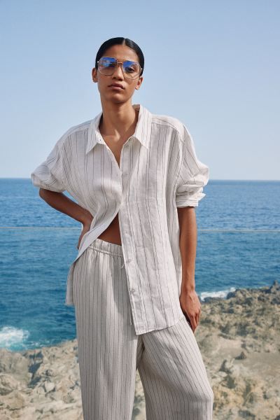 Linen shirt - Cream/Pinstriped - Ladies | H&M GB | H&M (UK, MY, IN, SG, PH, TW, HK)