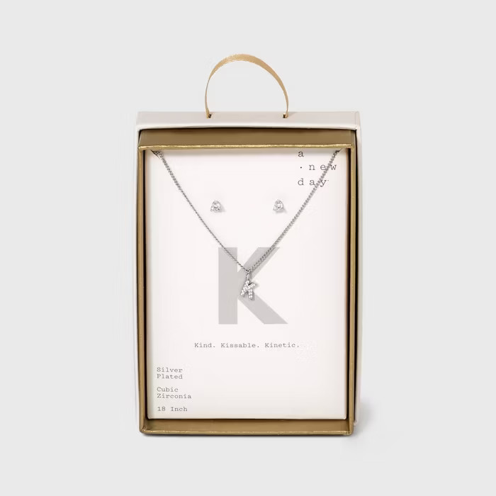 Silver Plated Cubic Zirconia Initial Chain Pendant Necklace and Earring Set - A New Day™ | Target