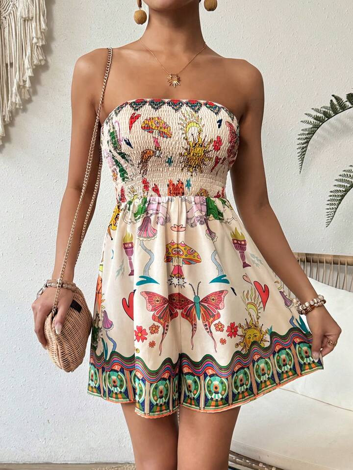 SHEIN VCAY Women Interactive Mushroom Print Bandeau Jumpsuit In Vacation Style | SHEIN