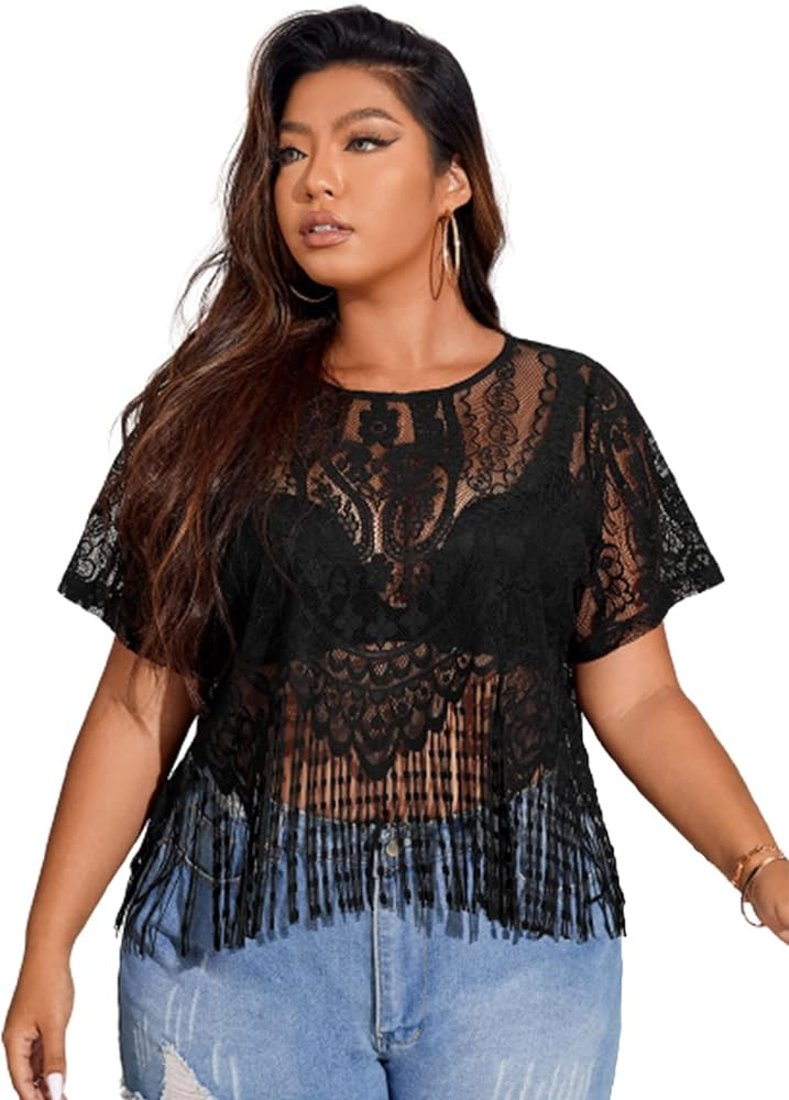SOLY HUX Women's Plus Size Sheer Lace Fringe Hem Short Sleeve Tee T Shirt Tops | Amazon (US)