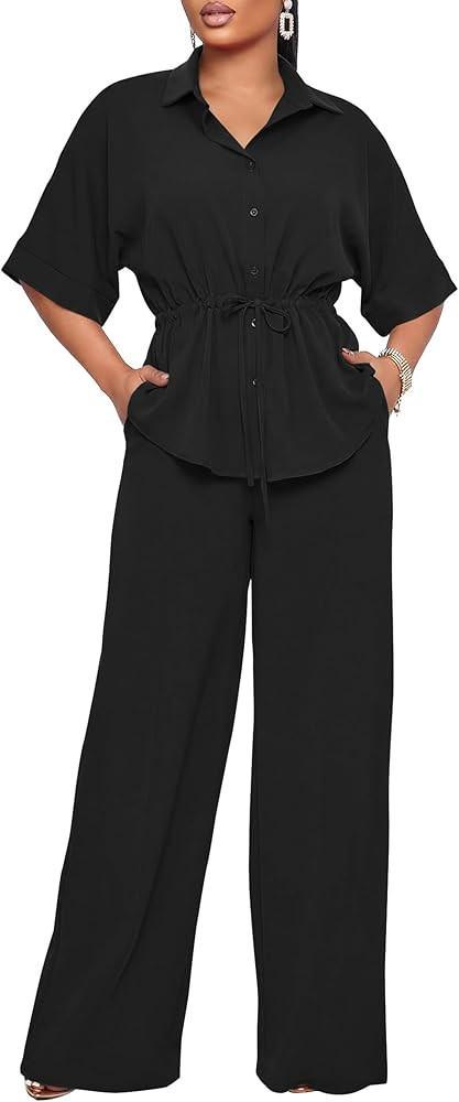 Two Piece Sets for Women Dressy Short Sleeve Button Down Shirt Top Flared Pants Sets Business Pan... | Amazon (US)