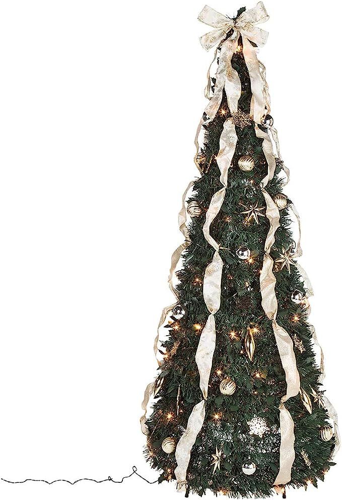 HOLIDAY PEAK 6' Silver & Gold Pull-Up Christmas Tree, Pre-Lit and Fully Decorated, Collapses for ... | Amazon (US)
