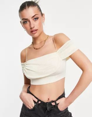 Flounce London cold shoulder ruched crop top in cream | ASOS (Global)