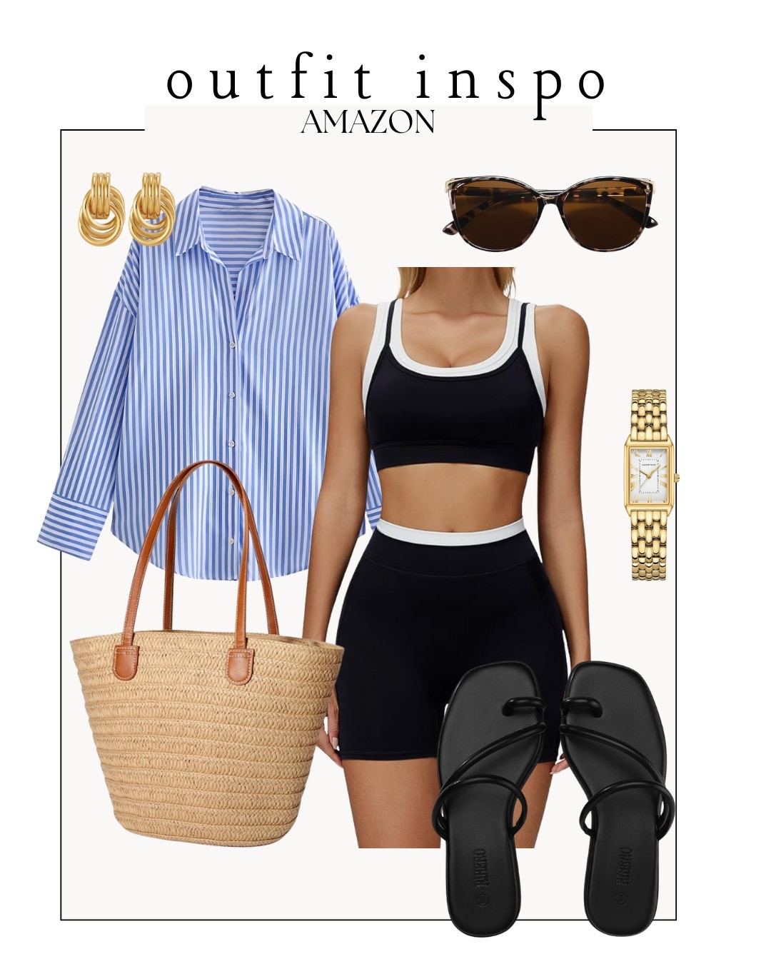 Summer outfit idea from amazon — striped button down shirt, black tank top and biker shorts, straw handbag, sandals, and gold jewelry 





Amazon outfits every outfit inspo, outfit ideas, casual outfits amazon, amazon outfits every day, spring outfits 2026, summer outfits

#LTKPetite #LTKootd #LTKSaleAlert