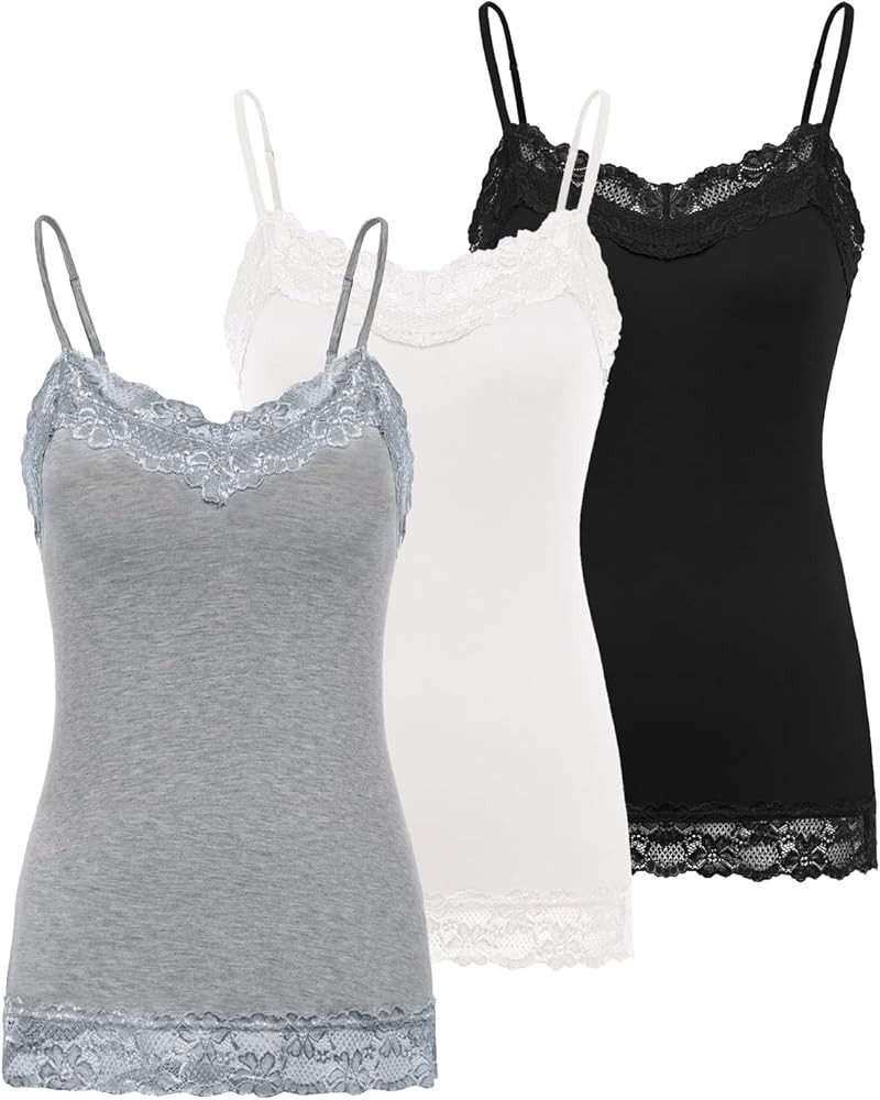 Kate Kasin Women's Adjustable Spaghetti Strap Lace Trim Cami Tunic Tank Top 3PACK | Amazon (US)